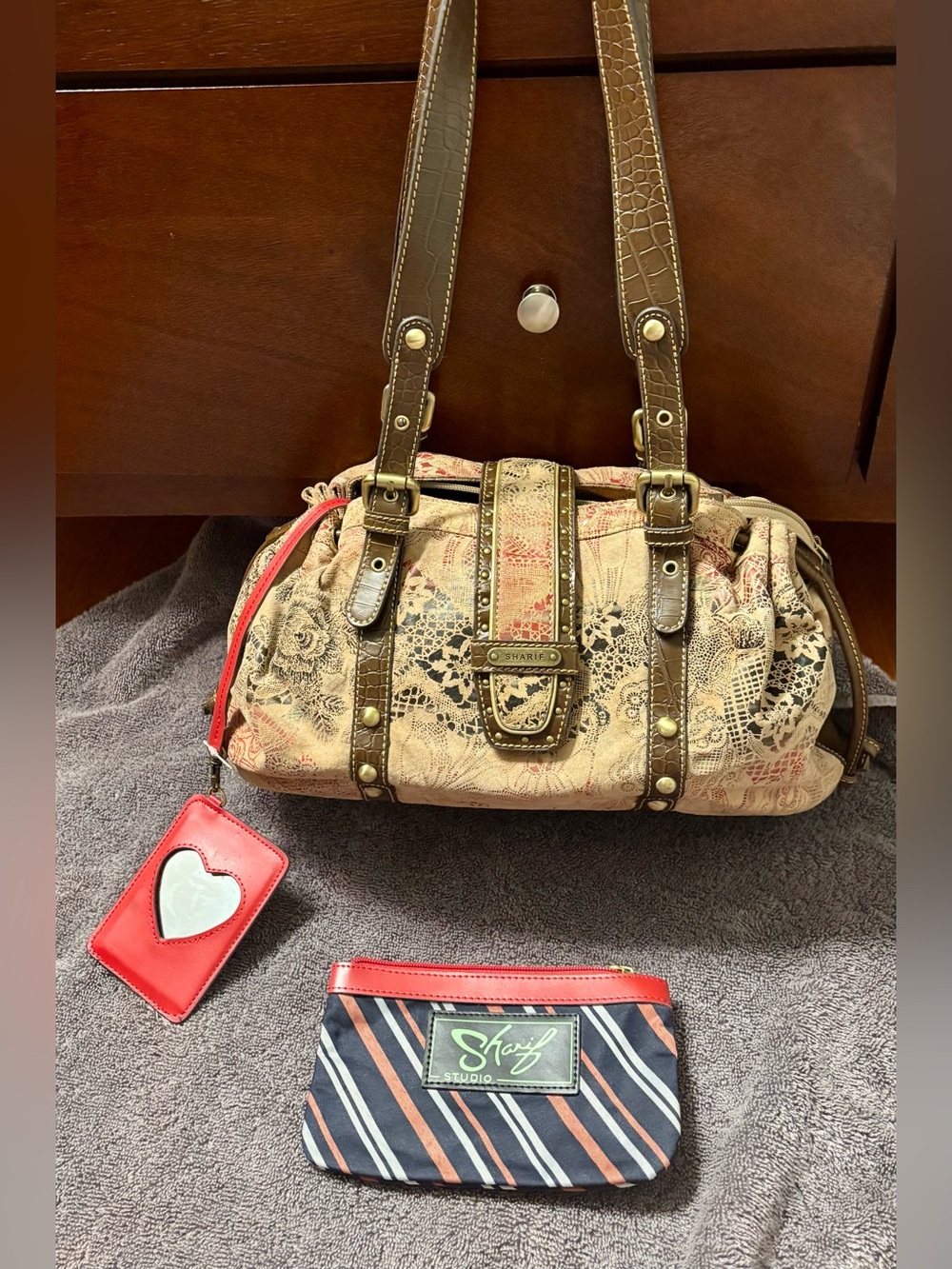 Sharif Studio Large Shoulder Bag Tan/Brown Floral Genuine Leather